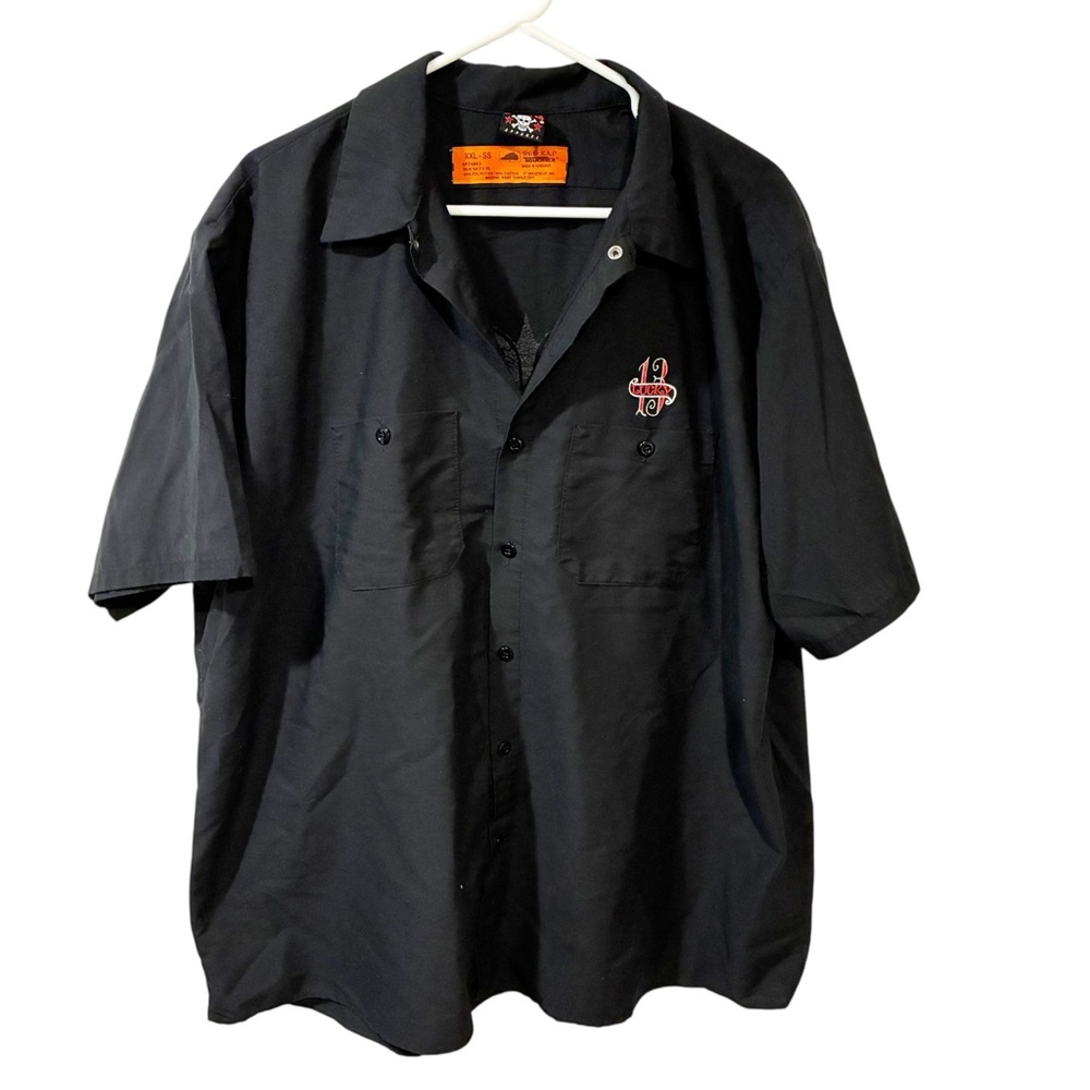 Vintage Lucky 13 Red Kap Shirt Stiched Logo Skulls Dice Ace Black Button Front